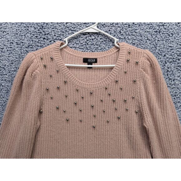 a.n.a. Puff Sleeve Pearl Detail Sweater Size M Preppy Knit Cottage Pastel Pink - Picture 3 of 10